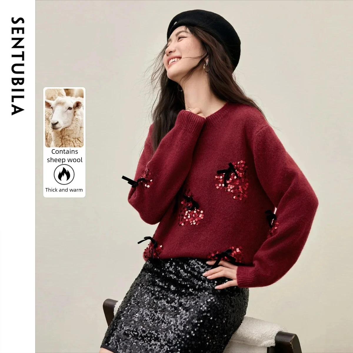 

SENTUBILA женские осенние свитера с круглым вырезом, новинка 2025, свободные топы с заниженными плечами, вязаные пуловеры с длинными рукавами и блестками W54EE3879