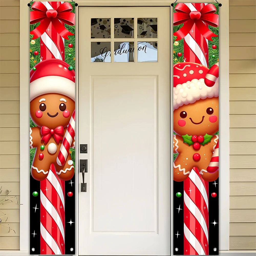 Christmas Gingerbread Man Porch Banner Set Polyester Xmas Candy Cane Door Hanging Sign For Home Holiday Front Door Decoration