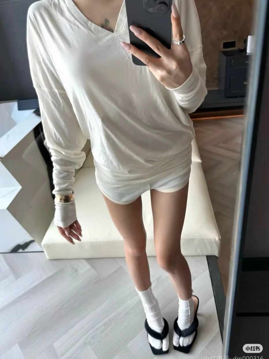 Otoño 2024 principios picantes chica puro deseo estilo cuello pico fuera del hombro manga larga pulóver mujeres suelta sólido Irregular Top YQYW