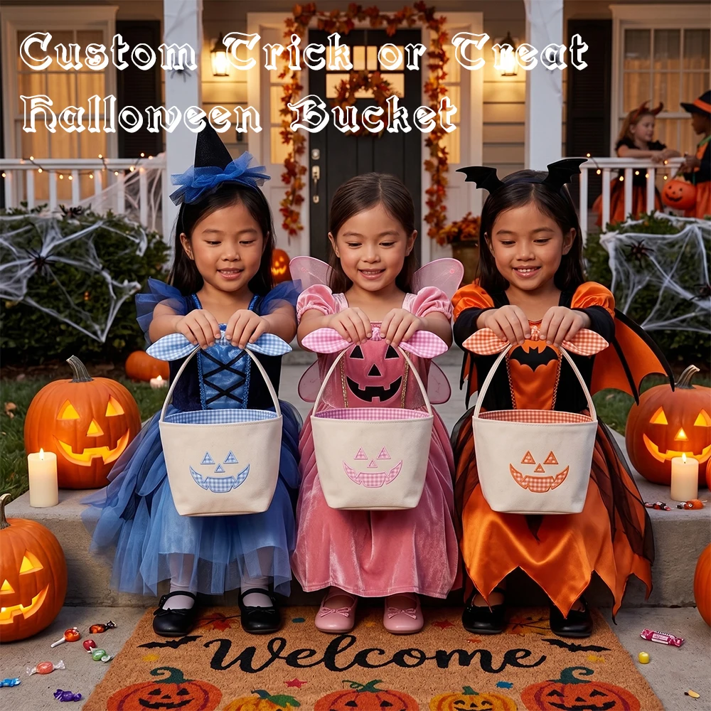 Kleiner Kürbis-Halloween-Korb aus Segeltuch, Süßigkeiten-Eimer mit Gingham-Schleifengriff für Kinder, Trick-or-Treat-Party-Dekoration – Detail 9