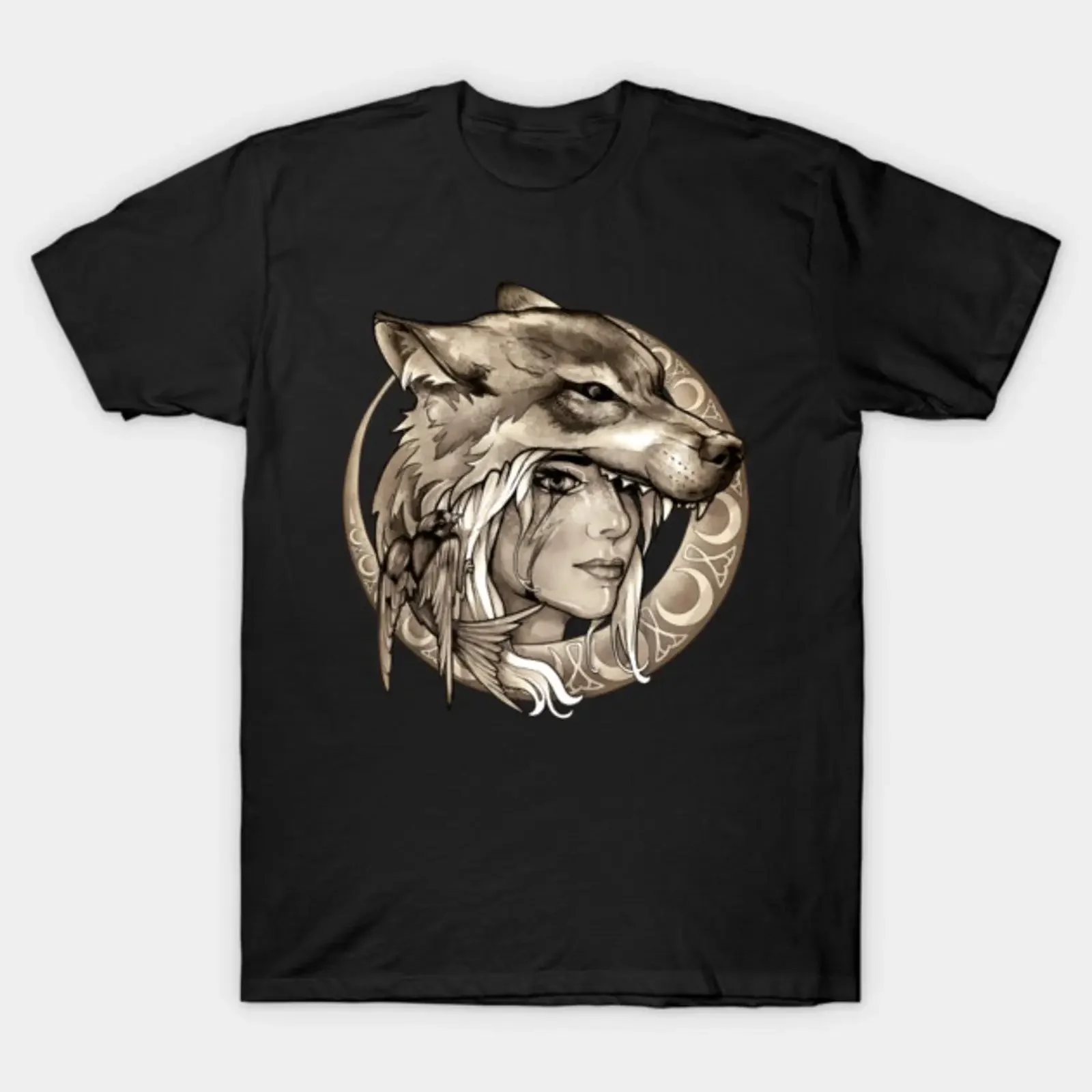 Wolf Swallow Art Nouveau Medallion SEPIA T Shirt vintage Washed Slightly fashion homme Casual designer clothes