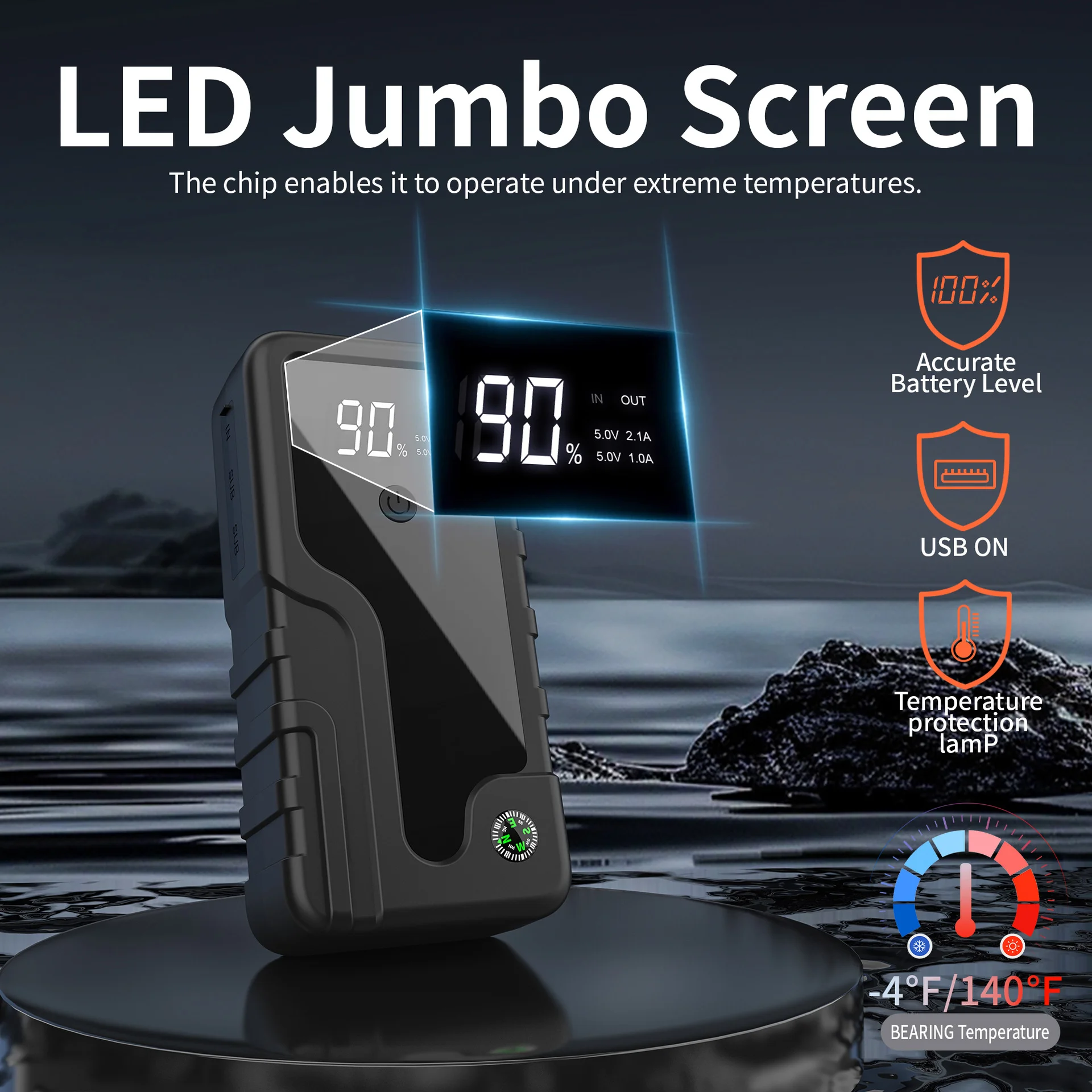 Car Jump Starter 5000A with USB QC3.0 Fast Charger, Air Compressor, LED Light for Truck SUV Van Motorcycle