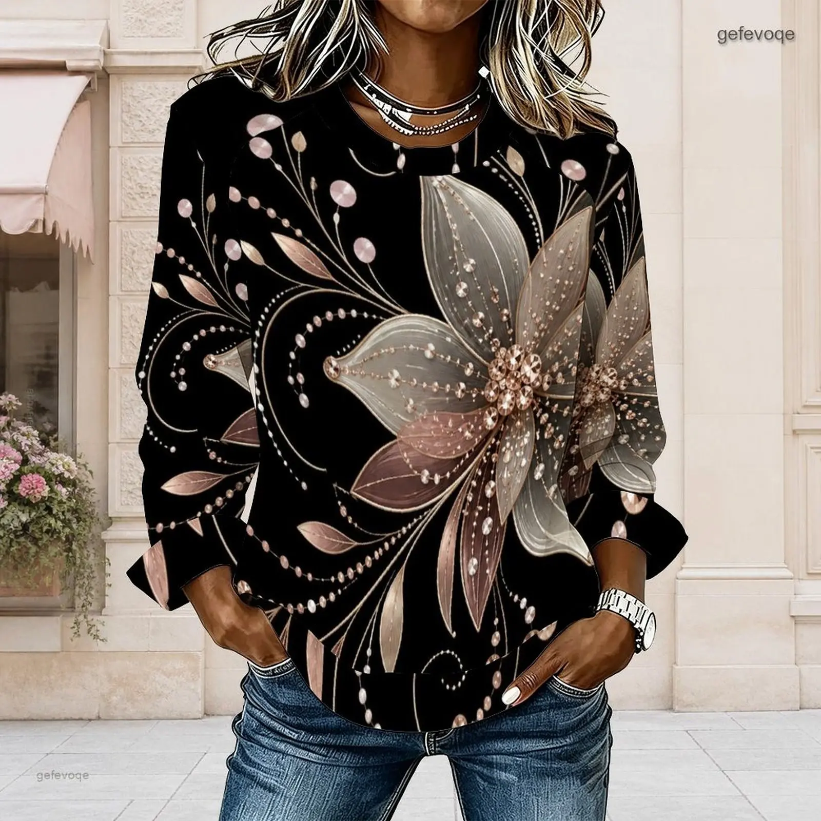 Women Black Abstract Vine Leaf Printed Round Neck Long Sleeve Curved Hem Top