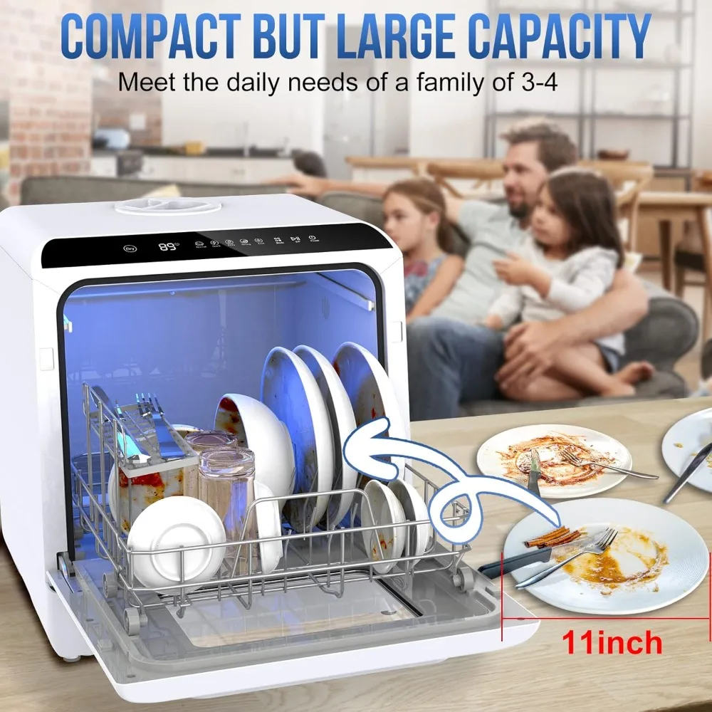 Portable Dishwasher Countertop, No Hookup Needed Mini dishwasher with 5 L Built-in Water Tank & Inlet Hose, 6 Programs