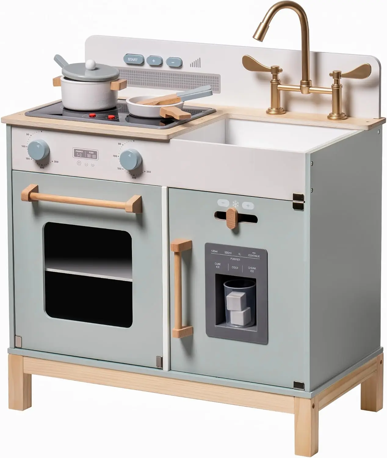 Robtiendra me-Ensemble de jeu de cuisine en bois pour enfants, lumières réelles, sons, distributeur de glaçons, jouet bleu, cuisine pour 3 ans et plus