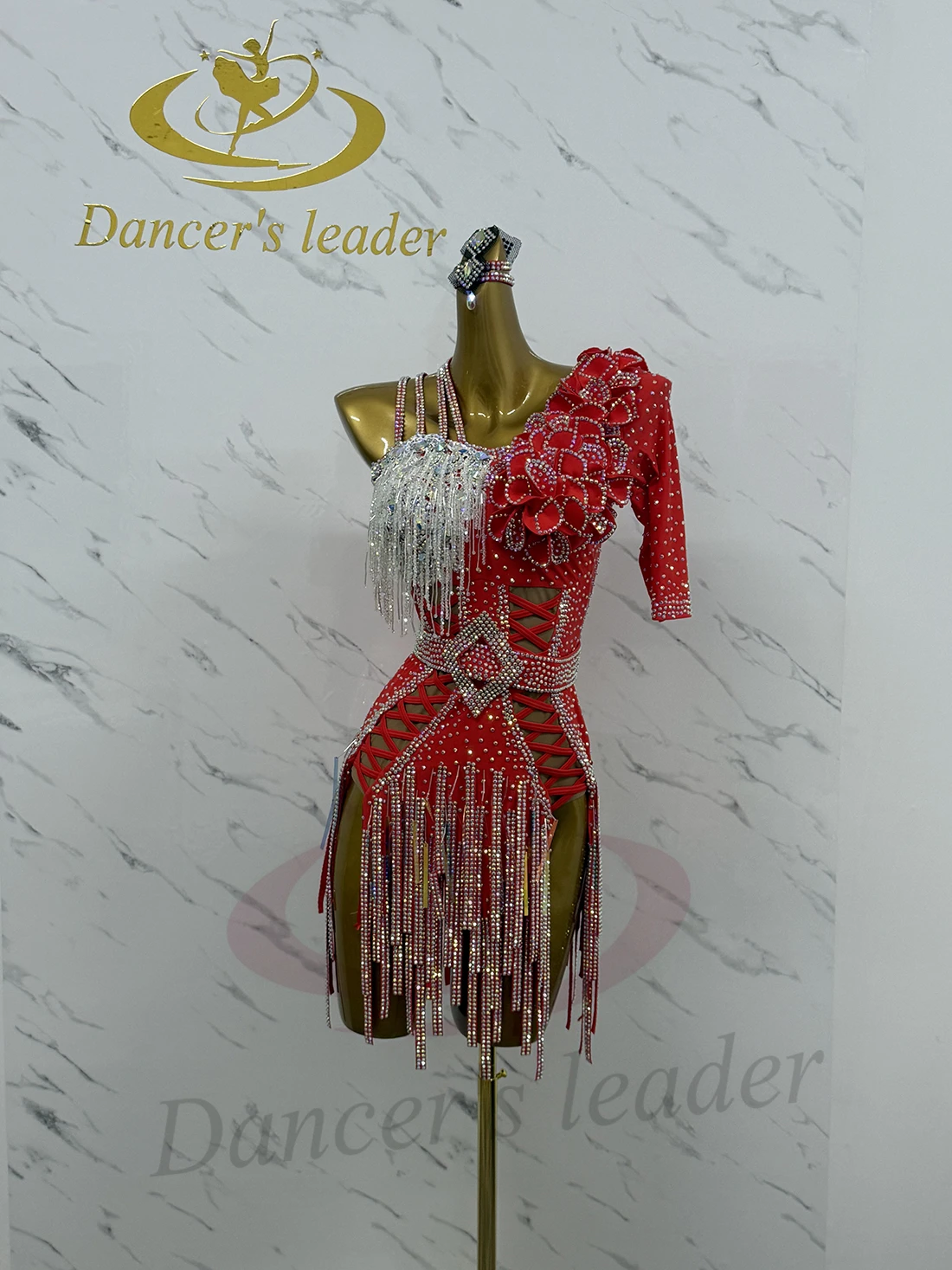 Vestido de dança latina adulto e infantil ab pedra high-end personalizado vermelho diamante listra flor vestido cha cha tango roupas femininas