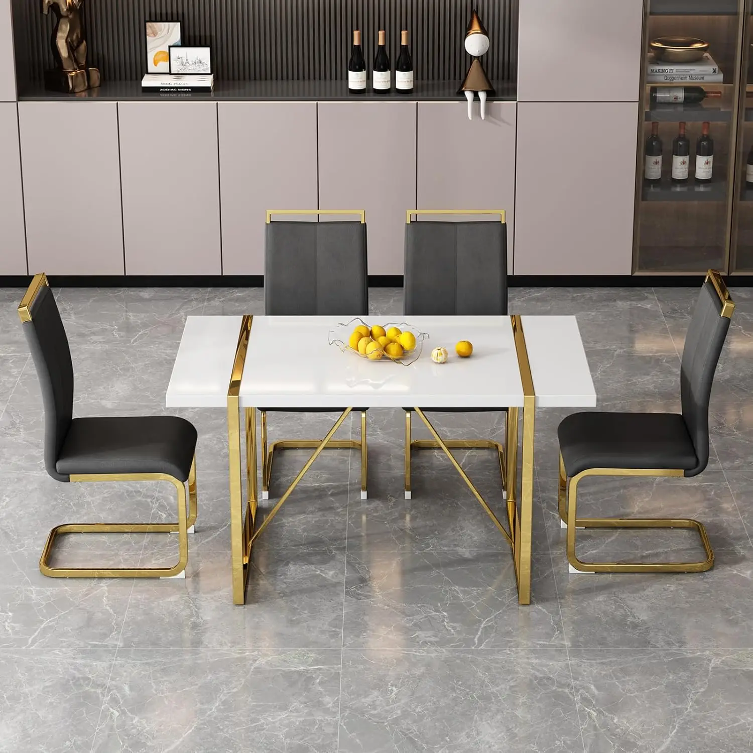 A dining table set consisting of 4 rectangular medium density fiberboard dining tables and black faux leather dining chairs