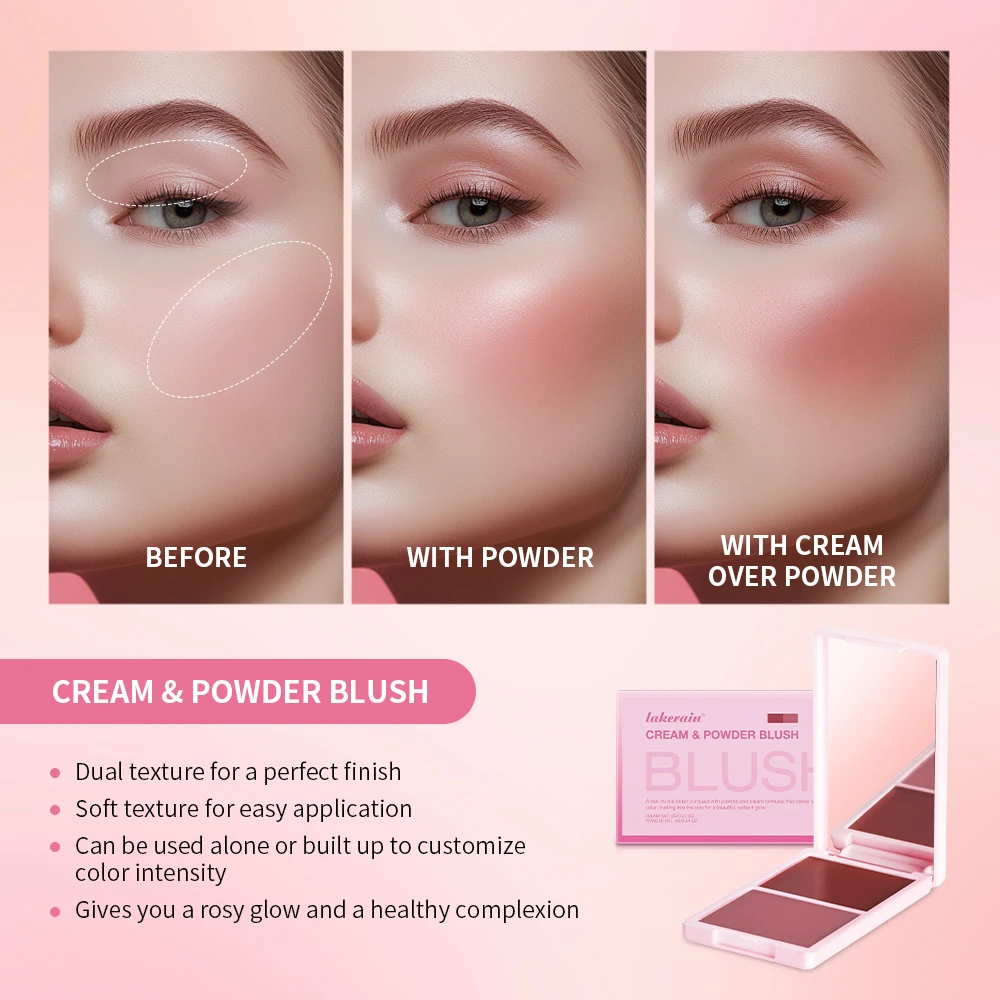 Lakerain Cream & Powder Blush Dual Textures Long-lasting Highly Pigmented Makeup Portable Natural Face Blusher Cosmetic