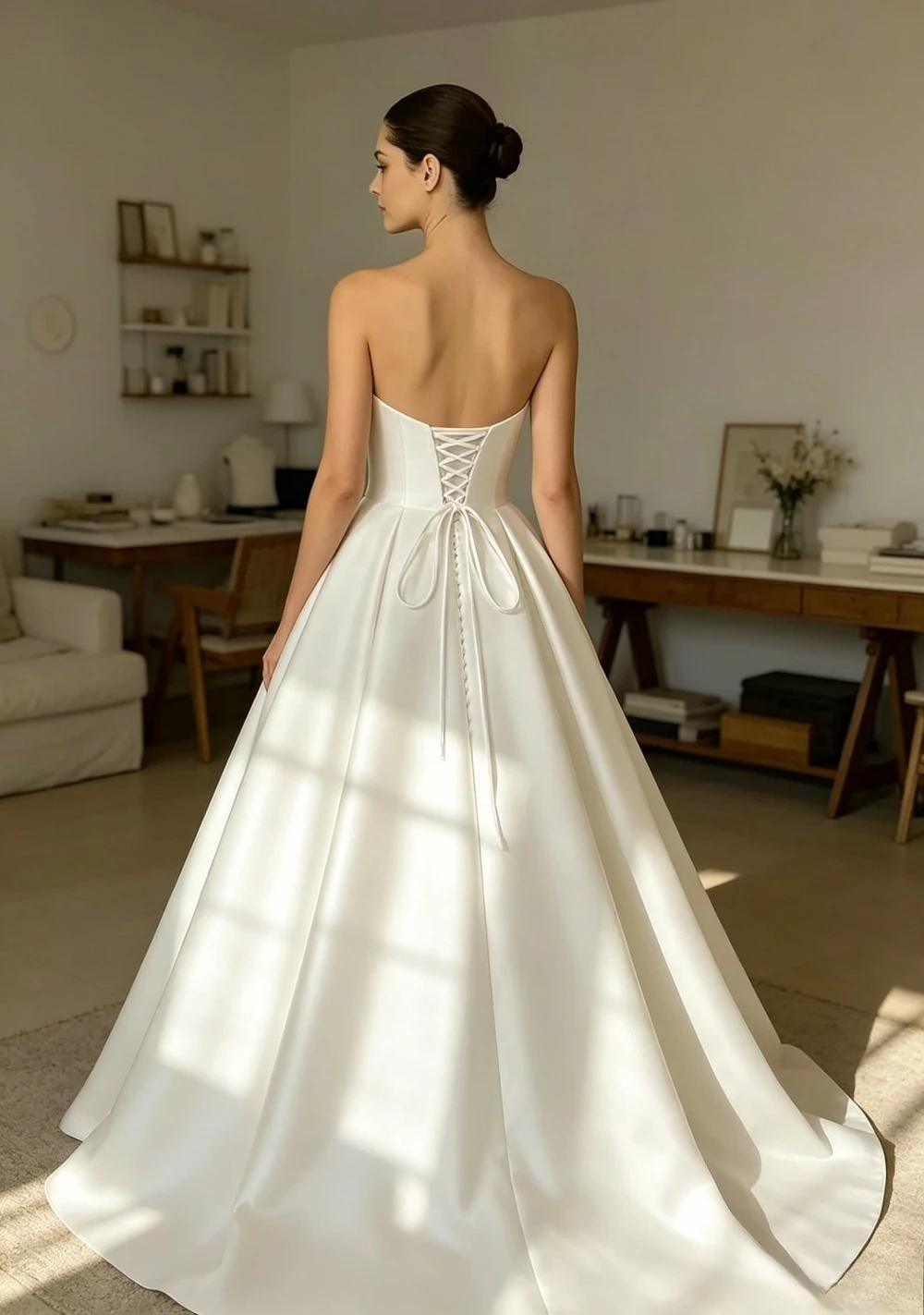 Customized Strapless Minimalist Satin Wedding Dresses 2026 Strapless Sleeveless Low V-back Lace Up Fluffy Luxury Bridal Gown