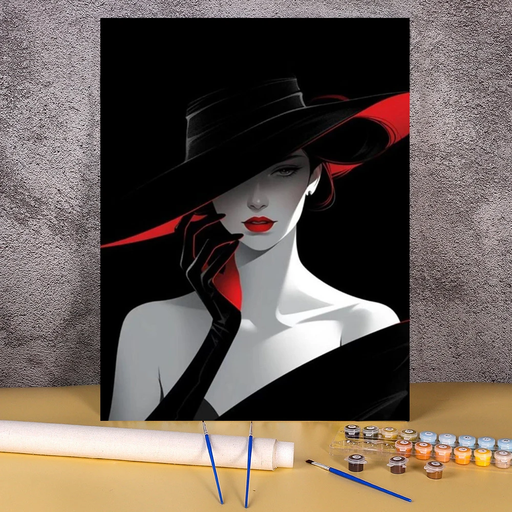 

Black Hat Women DIY Painting By Numbers Canvas Drawing Art Figure Oil Painting HandPainted Home Decor For Living Room Gift