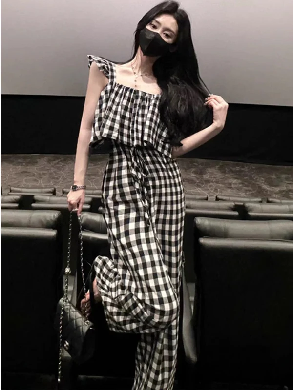 Set Jumpsuit Pelangsing Model Cross-Border dengan Celana Kaki Lebar Motif Kotak-kotak Hitam Putih untuk Wanita, Busana Musim Panas