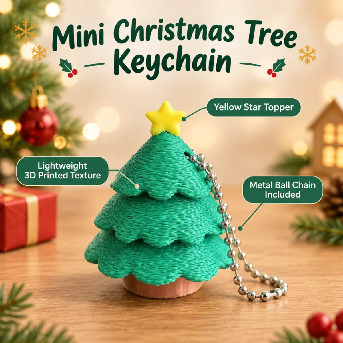 1Pc Mini Christmas Tree Shape,Eco-friendly PLA 3D Printed,Festive Green With Star,Fidget Clicker Keychain Decompression Toy