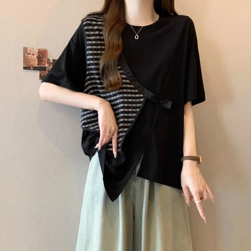 Kontrast Patchwork Lose Gefälschte Zwei-stück Koreanische Tops Sommer Neue Unregelmäßige Jugend Casual T Shirts Mode High Street Frauen kleidung