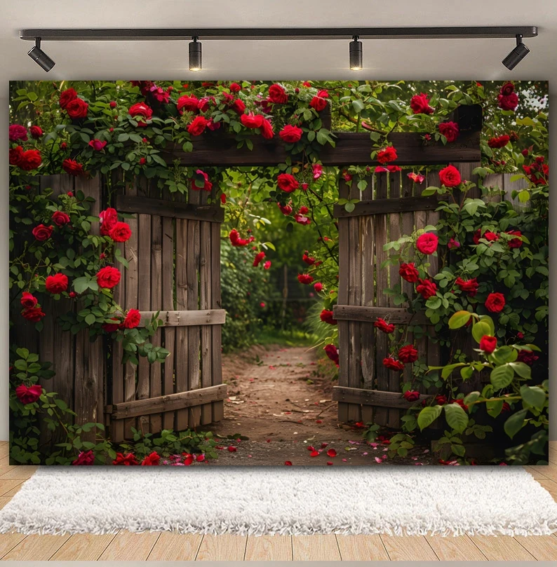 Spring Garden Red Rose backgrounds for photographs Garden Wood Fence Bride Shower Romantic Wedding Portrait Backdrop Photo Booth
