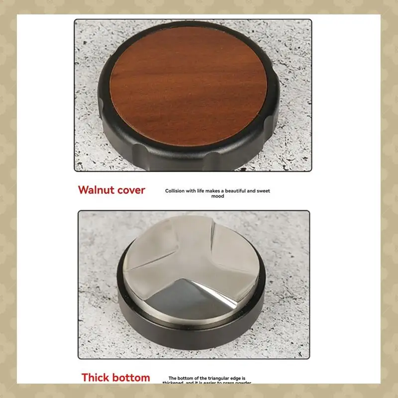 AB45 304 Stainless Steel Espresso Powder Distributor Walnut Cover Coffee Leveler Adjustable Depth Espresso Hand Tampers Black 53
