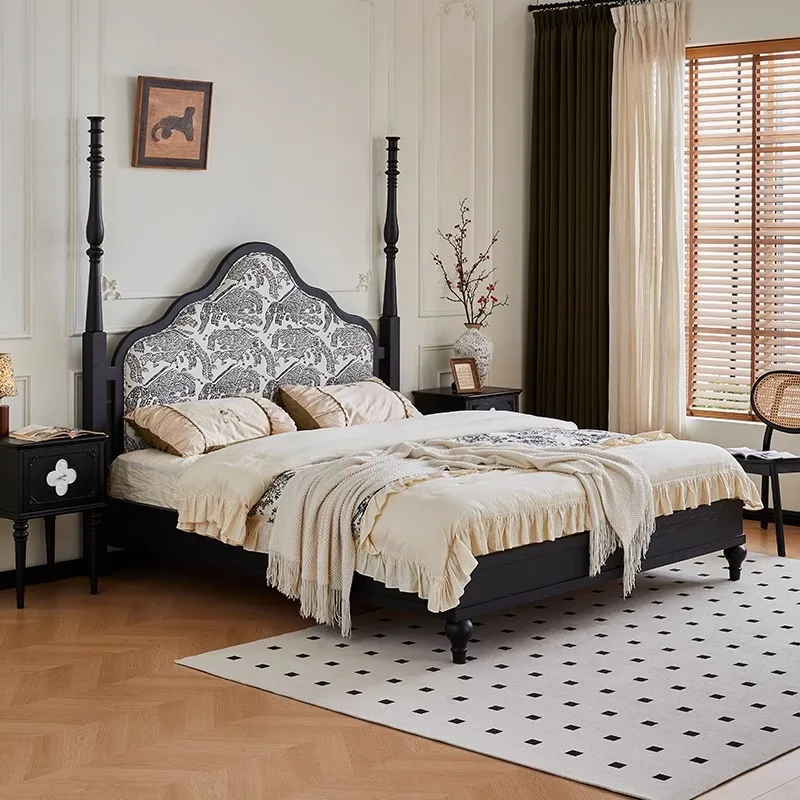 

American retro pure solid wood bed antique fabric bed 1.8 meters master bedroom double bed high-end