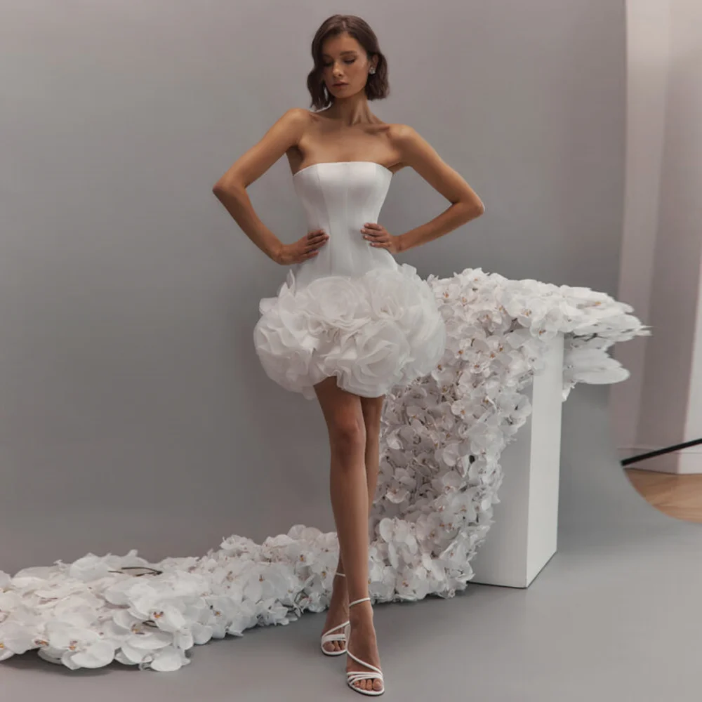 

Princess Boat Collar Satin Flowers Wedding Bridesmaid Dress A-line Short Mini Wedding Gown for Prom Backless Lace up Customzied