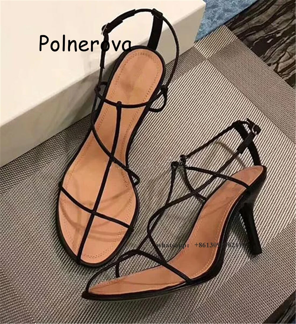 Sandali legati a T String tacchi sottili scarpe da donna cintura con una parola estate Casual fibbia in metallo punta tonda sandali moda retrò da