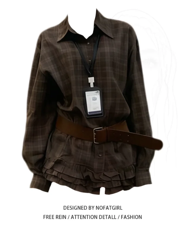 

Женская блузка больших размеров в стиле ретро, в клетку, с длинным рукавом, с завышенной талией, с декоративными элементами, красивый топ в корейском стиле, из полиэфирного волокна, дышащий.