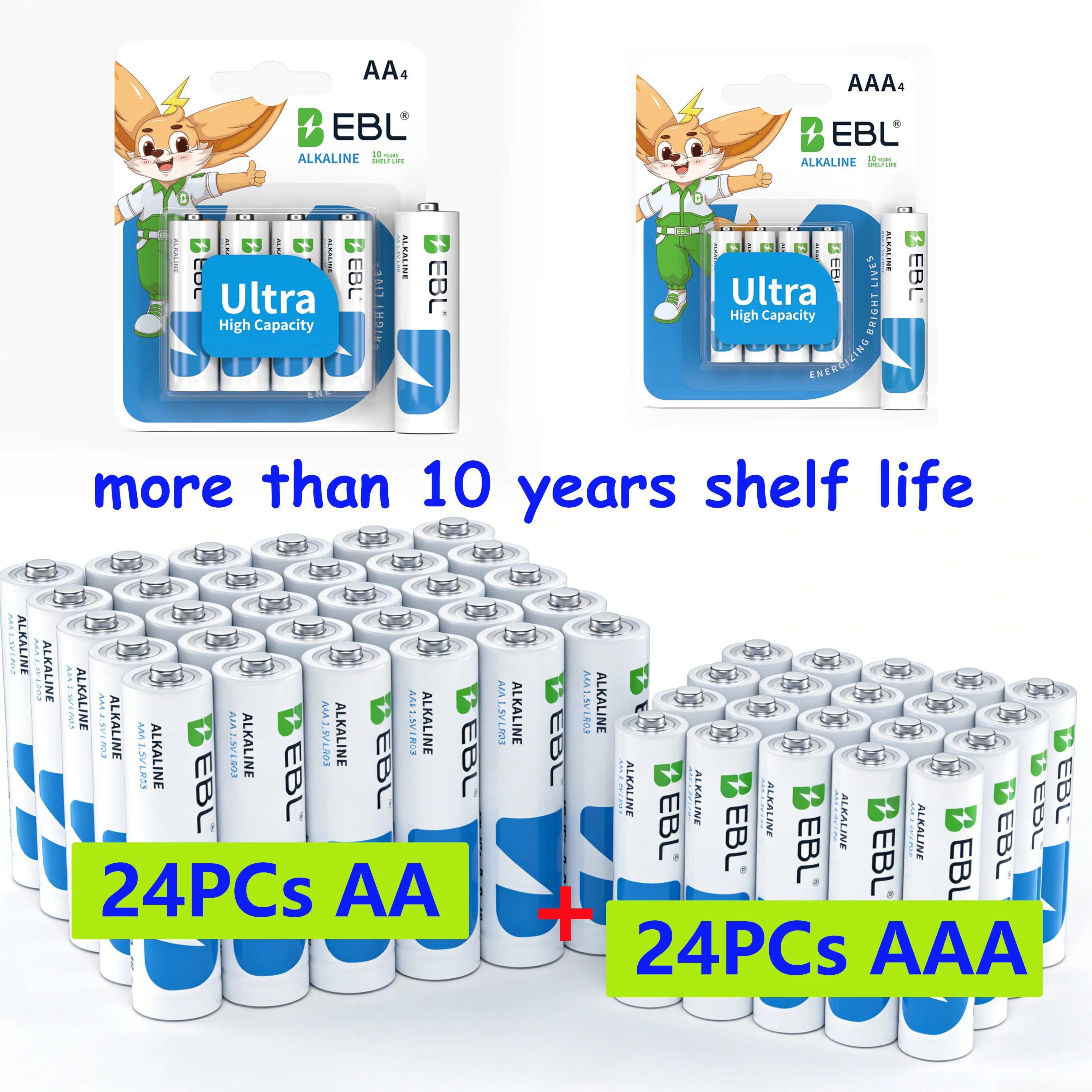 EBL AA & AAA Batteries Combo 1.5V  Alakline Batteries Ultra Long Lasting 24PCS+24PCS  48PCS/6Packs