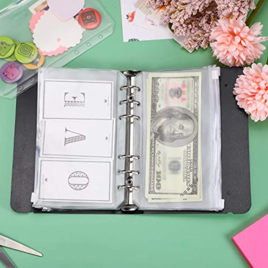 60 Packs A6 Size 6 Holes Binder Pockets Plastic Binder Zipper Folde Waterproof 6 Holes Zipper Loose Leaf Bags for Documents Not