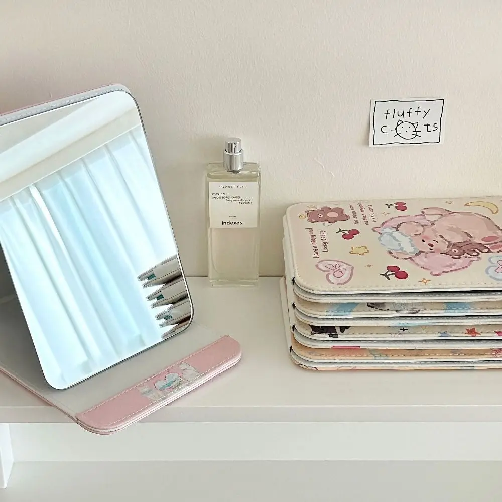 Schönheit Pu Leder Desktop Stand Spiegel Cartoon Welpen Blume Falten Make-Up Spiegel Zarte Falten Eitelkeit Spiegel Unisex