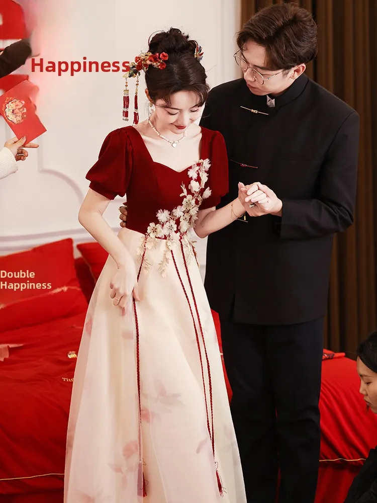 

Red Wedding Dr Women's Gown Vintage Sle Floral Embroidery mid Waist Long Skirt ort Sve U Ne Par Evening Gown