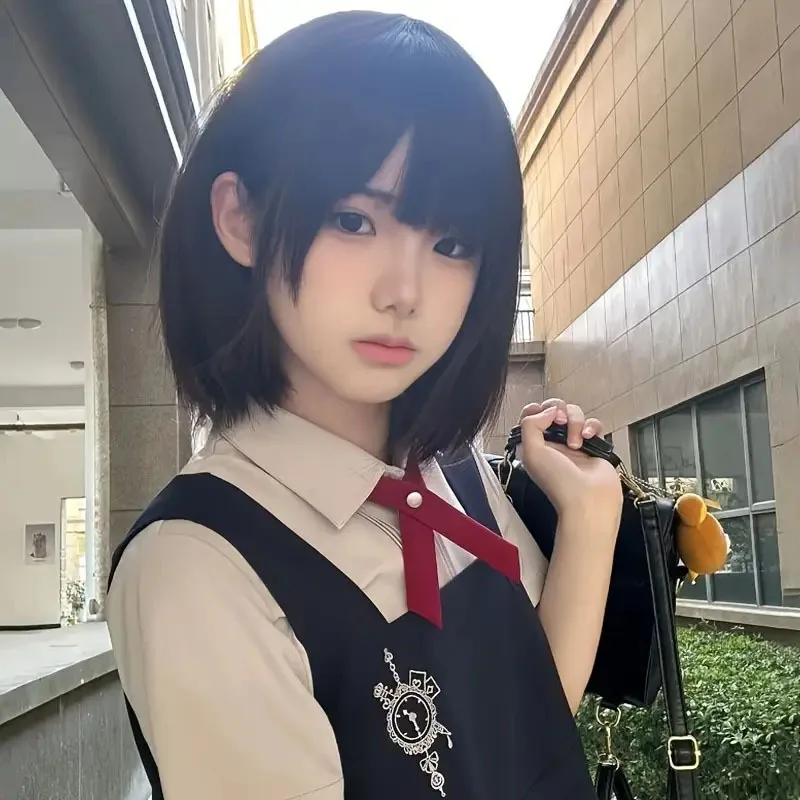 Black-brown Short Hair Wig With Air Bangs For A Natural Look Suitable For Round Faces In A Bob Style Full Head Coverage