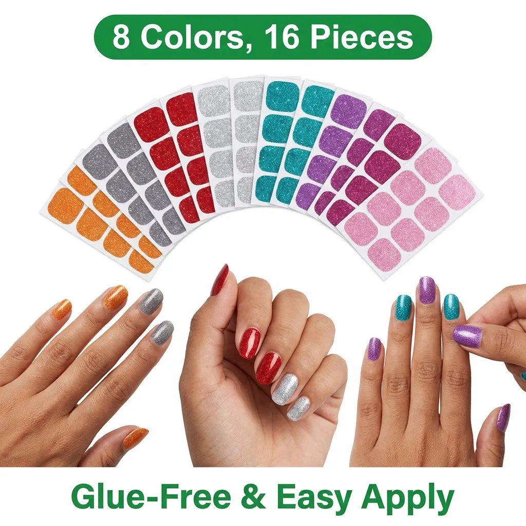 8 Sheet Nail Sticker Full Wrap Nail Strips Pink Nail Glitter Self Adhesive Gel Nail Sticker Women Self Nail Supplies Manicure