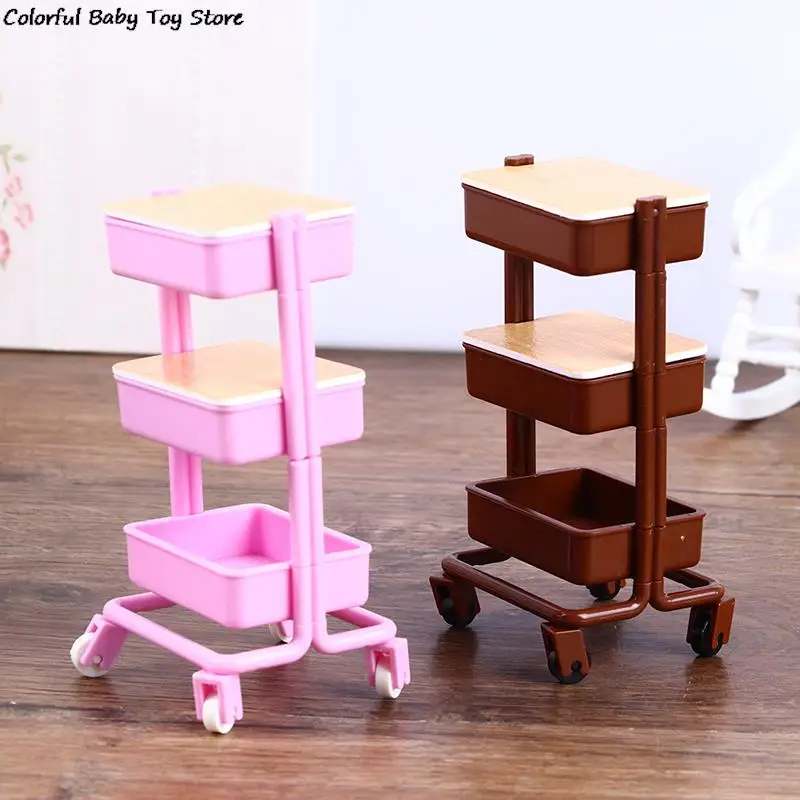 1Set 1:12  Dollhouse Miniature Trolley Dining Cart with Wheels Storage Display Shelf Bookshelf Furniture Model Decor Toy