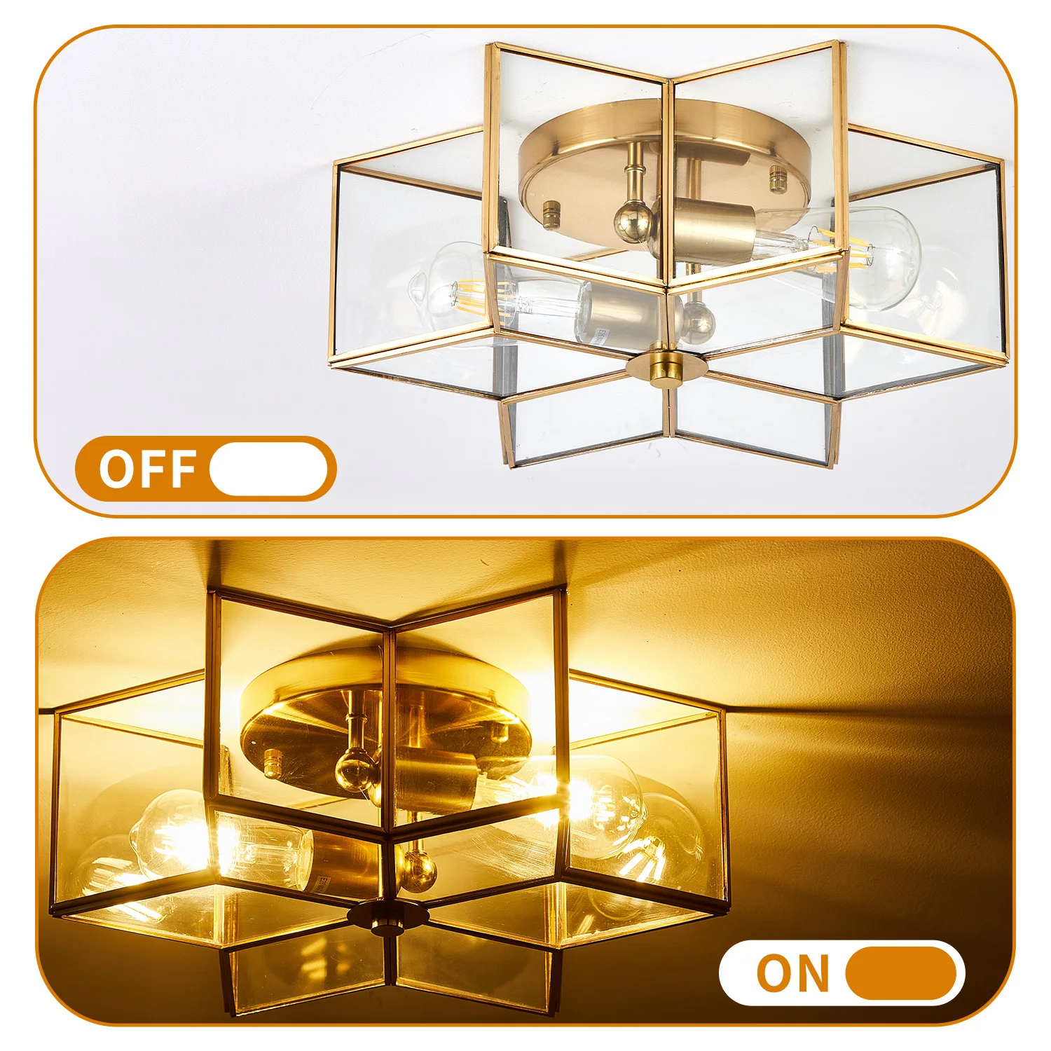 Star Shape Flush Mount Ceiling Light Metal Frame Tempered Glass Shade, 2-Light E26 Base Industrial Farmhouse Ceiling Lamp for Entryway Bedroom Dining Room Stairway Home Decor (1-Pack)