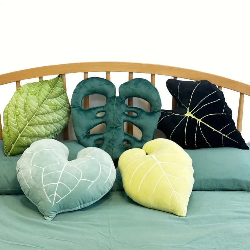 Plush Green Leaf Pillow Stuffed Plant Lifelike 3D Leaves Plushie Cushion Cute Garden Room Sofa Decor Throw Pillow