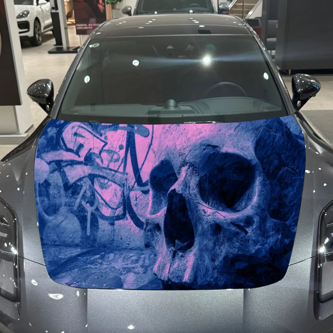 Car Decals A Skull Motif In Neon Purple And Blue Tones Close - Up With Abstract Pattern Details, Cyber Gothic Aesthetic And Dyna