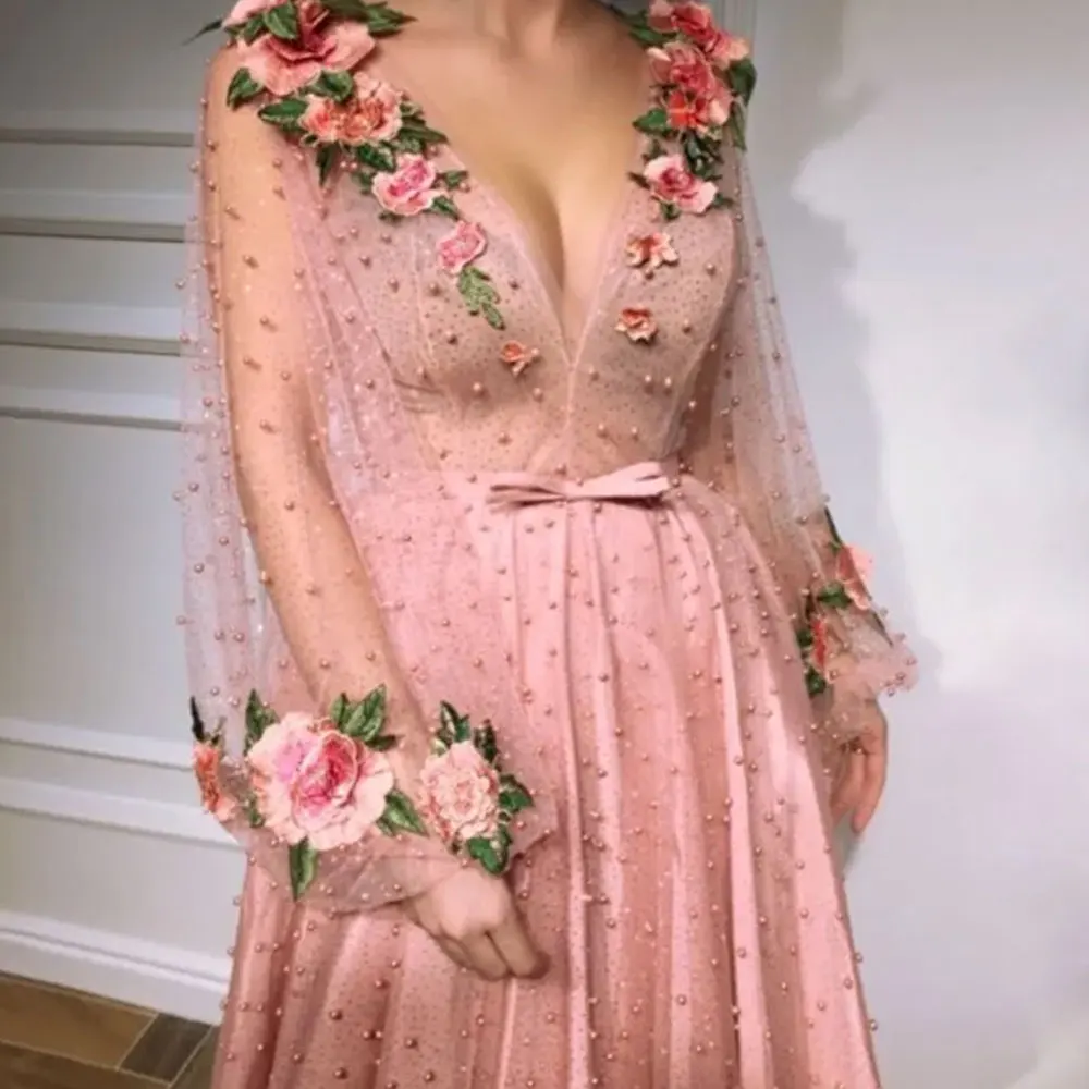 Pink Fantasy Fairy Prom Dresses, 3D Flower Applique, Pearl Bow A-Line Evening Gowns, Deep V-Neck, Bridesmaid Wedding Party Dress