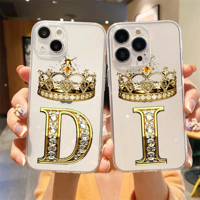 Diamond Crown Letter 26 Letters Luxury Transparent Phone Case For iPhone 15 14 13 12 mini 11 Pro Max XS X XR SE 7 8 Plus Cover