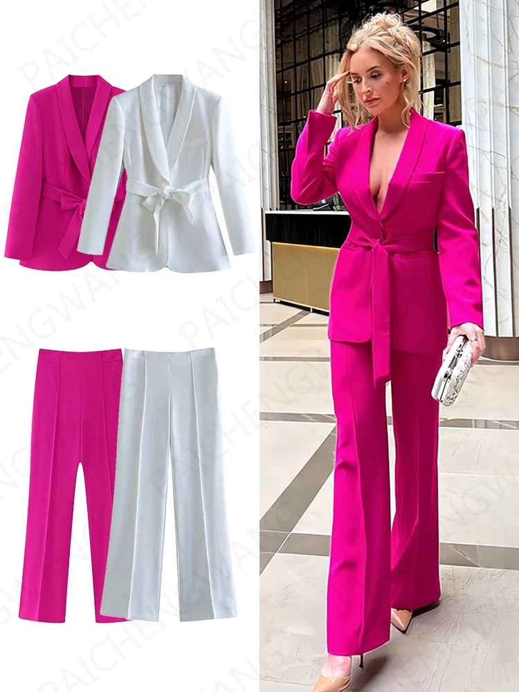 ZBZA Women\'s Fashion Solid Colour With Belt Blazer Lapel Long Sleeve Jacket Two Piece Office Ladies White Trouser Suit