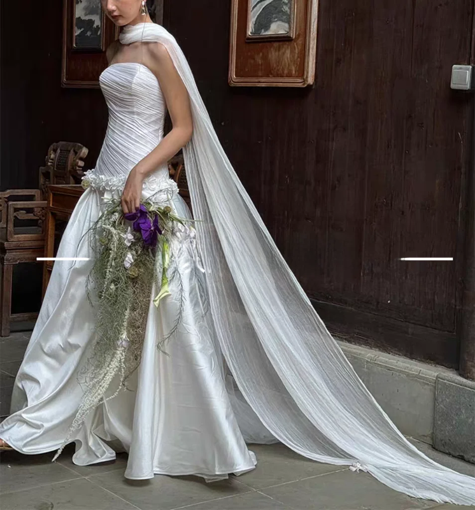 ブライダルベール-ホワイトガウン-超おとぎ話のようなウェディングドレス-スタジオ写真撮影-旅行写真撮影-ビーチ写真撮影-ショール