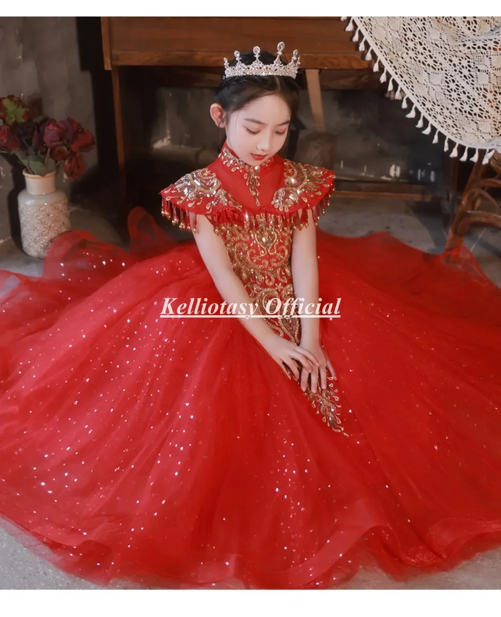 

Customized Red Children Performance Dress High Collar Chinese Traditional Style Aline Flower Girl Dresses With Hole Back LZ013