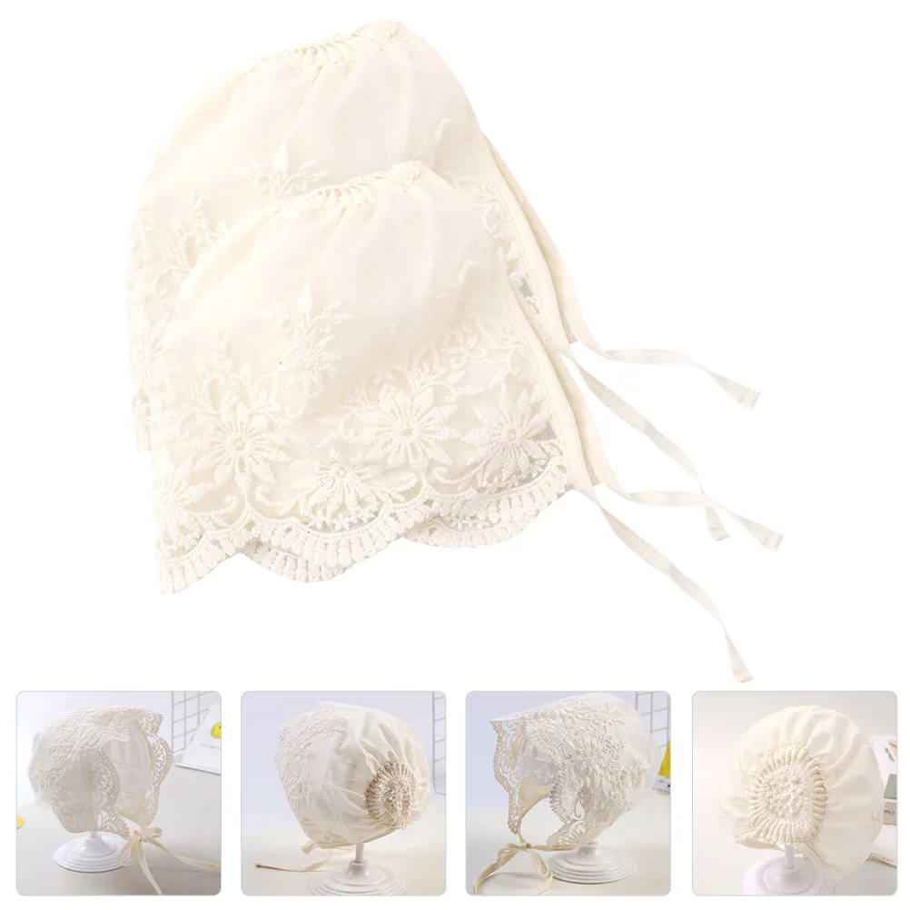 

2pcs Baby Bonnet Newborn Lace Christening Hat Princess Style Baptism Wedding Bonnets Girls 0-6 Months Soft Breathable Head Wrap