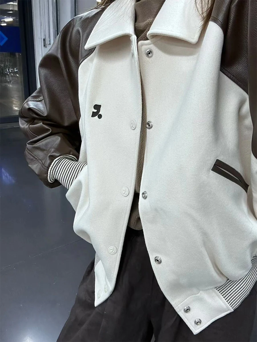 PEACHZHOU Veste en cuir colorée coupe ample style baseball rétro coréen pour femme, manteau coupe-vent à manches longues avec fermeture éclair