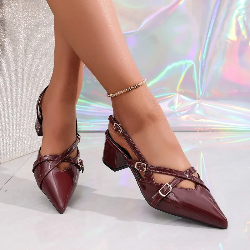 2026 New Summer Women's Dress Shoes Patent Leather Slip on Pointed Toe Sandals Buckle Slingbacks Mid Heels Pumps Sandalias Mujer