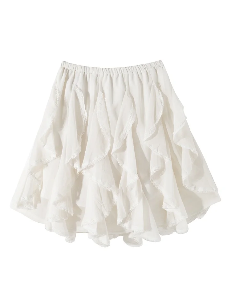 

Bella Irregular A-Line Lace Hem ort Skirt Women's Summer New High Waist Slim Fit French Sle Pure Color Commute Skirt