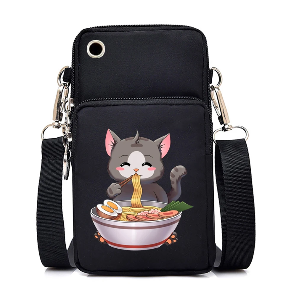 Ramen Cats Printed Mobile Phone Bags Women Menn Cartoon Animal Japanese-style Cats Shoulder Bags Fashion Small CrossBody Bag