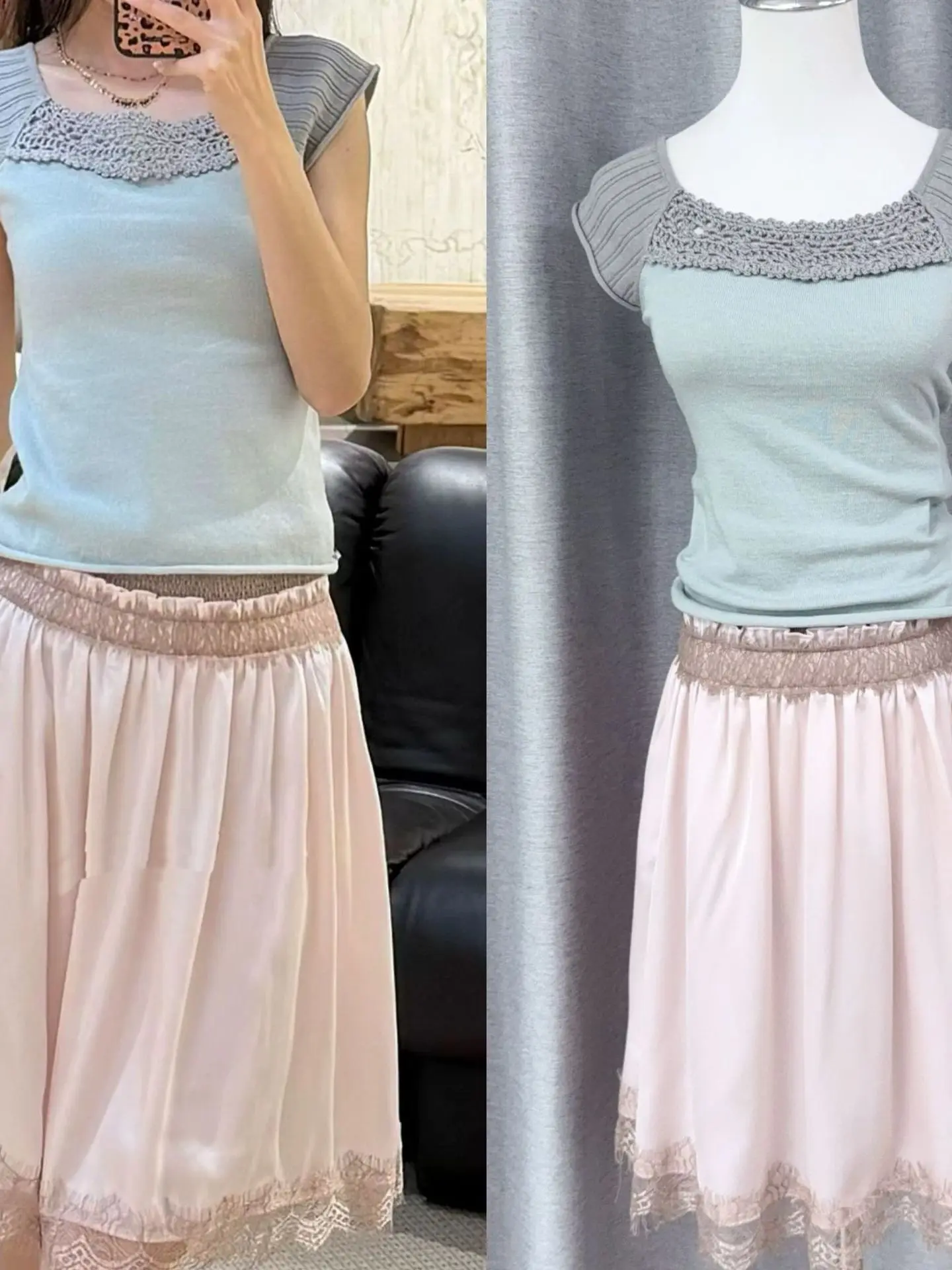 

Floral One Shanghai Version 26S High-End Versatile Retro Color A-Line Slim Lace Patchwork Half Skirt for Women