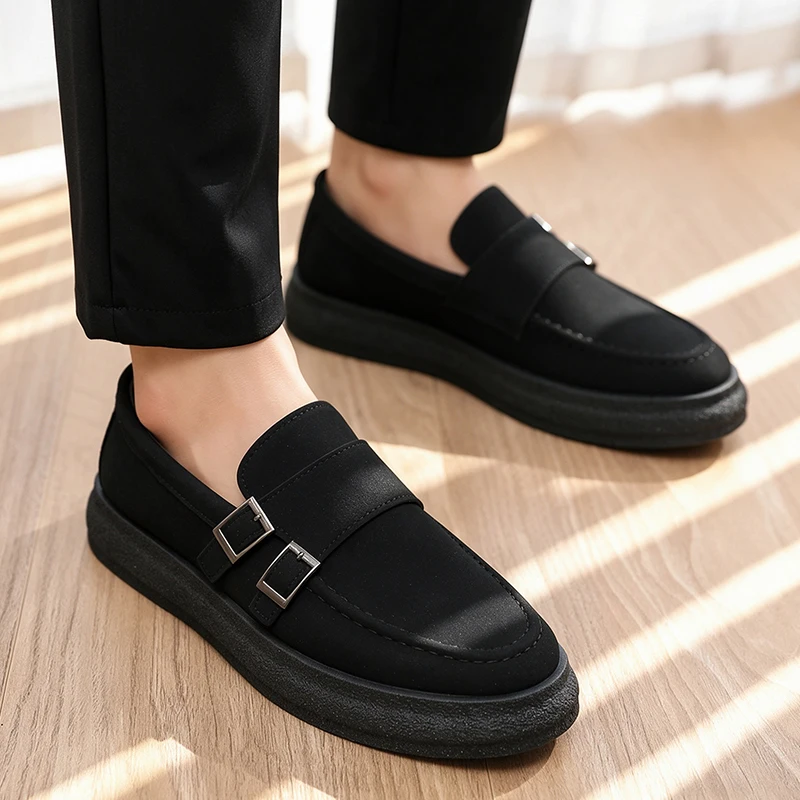 Men's Retro Double-Buckle Loafers, Suede Slip-On Thick-Soled Casual Shoes, British Style Lazy Slip-On Leather Shoes, Non-Slip, Wear-Resistant, Platform Sole, Suitable for Daily Commuting, Lightweight, Comfortable, Busi