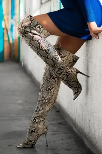 

Drop Shipping Women Sexy Snakeskin Leather Python Print Cross Tied Lace Up Front Pointed Peep Toe High Heel Over The Knee Boots
