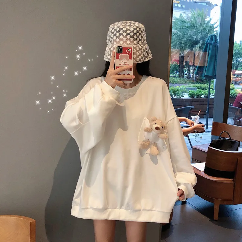 Women\'s Cute Bear Sweatshirt, Loose Oversize Streetwear, Trendy Leisure, Korean Style, Harajuku, Simple, Chic, New