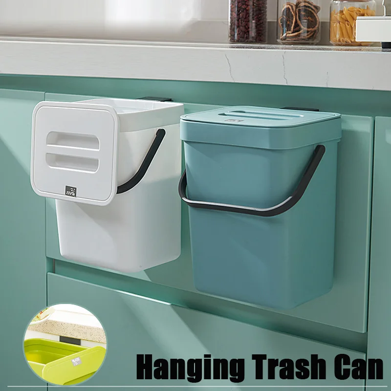 

Multi-Capacity Hanging Solid Color Garbage Can Portable Plastic Bin Quiet-Close Lid Eco-Friendly for Kitchen/Bathroom Trash Can