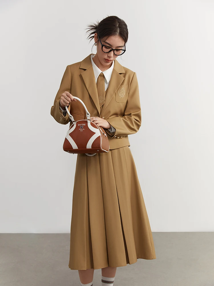 DUSHU College Style Short Blazer Coat Fashion Two Piece Suit for Women Literary Retro Spring New High Waist Half Pleated Skirt