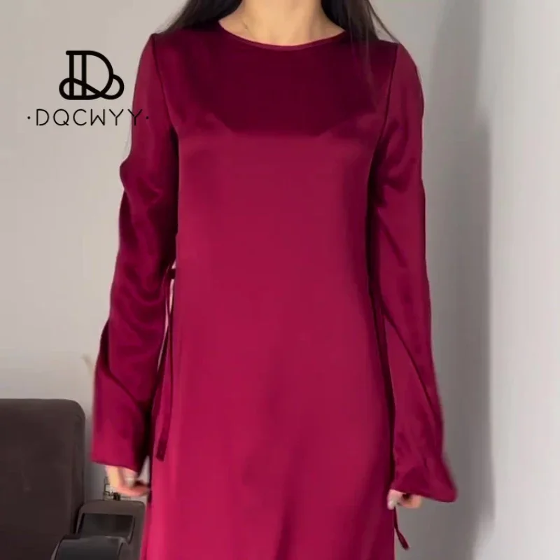 Long Dresses Spring Autumn 2024 New Lace Up Waist Slimming Lace Wine Red Color  Sleeved British Style Elegant Dresses for Women